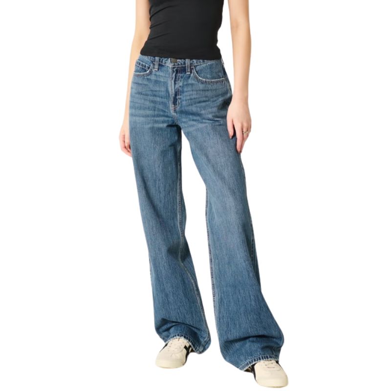 High-Rise Medium Wash Baggy Jeans on model 