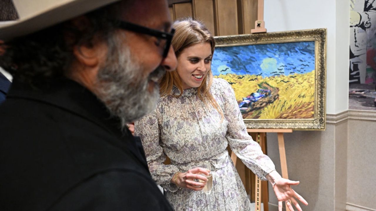 Princess Beatrice wearing a long floral dress to Mr. Brainwash by Clarendon Fine Art and Jack Barclay Bentley in London July 2024