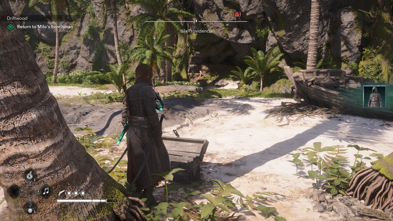 Black Flag treasure maps: Edward standing next to an open chest on a beach.