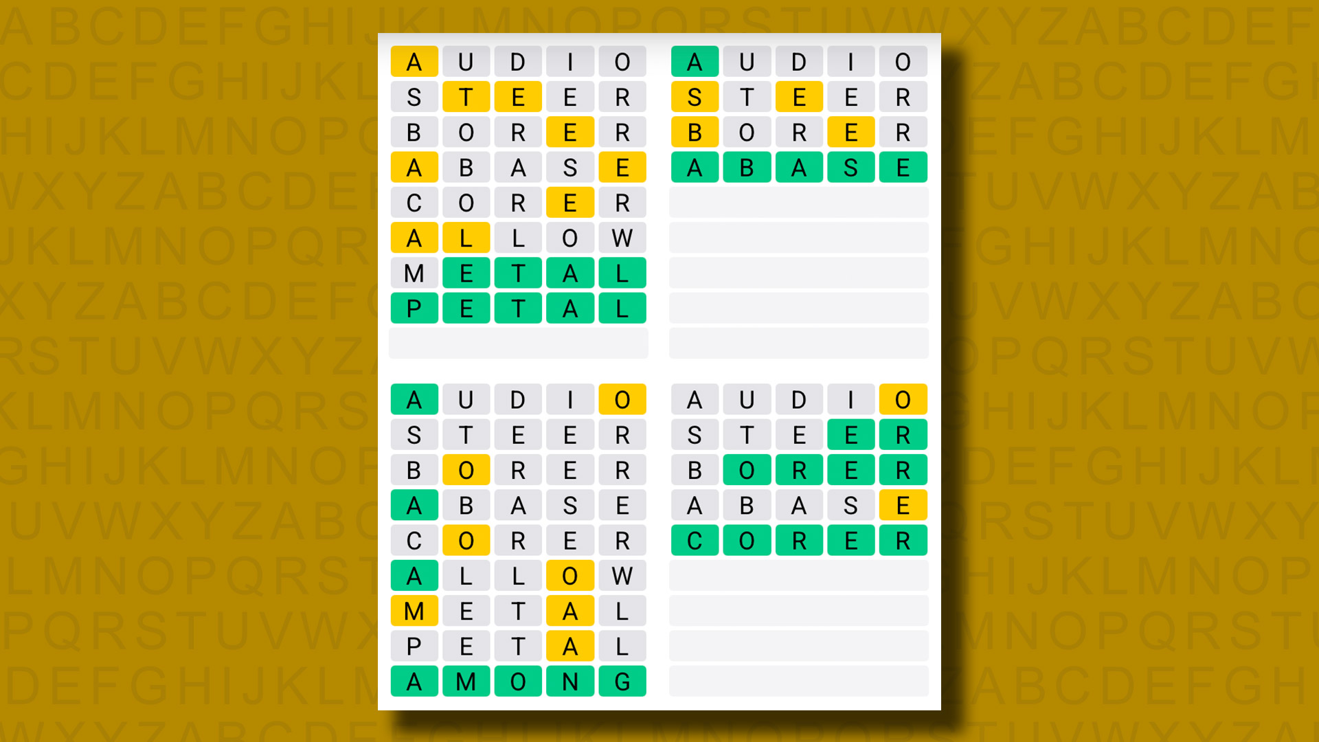 Quordle answers for game 1110 on a yellow background