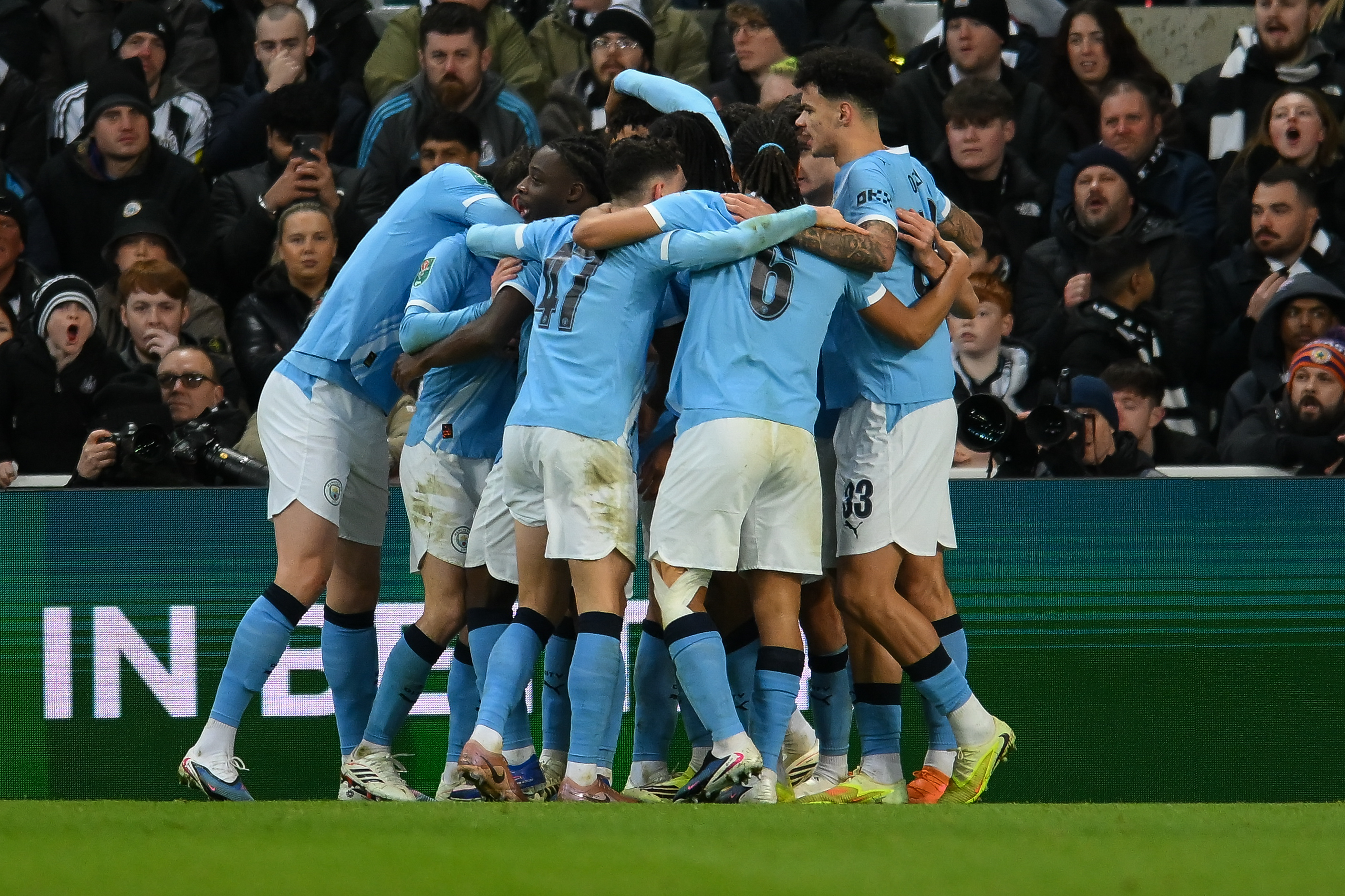 Manchester City players celebrate Antoine Semenyo&amp;amp;apos;s opening goal during the Carabao Cup Semi-Final First Leg match between Newcastle United and Manchester City at St. James&amp;amp;apos;s Park in Newcastle, England, on January 13, 2026. (Photo by Scott Llewellyn/MI News/NurPhoto via Getty Images)