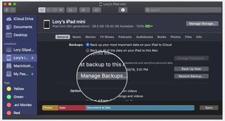 To manager your backups, click Finder on your Mac's Dock. Click on your device on the left side of the Finder window. Click on Manage Backups on the General tab.