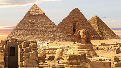 Ruins of the Giza Necropolis with the Great Sphinx and pyramids