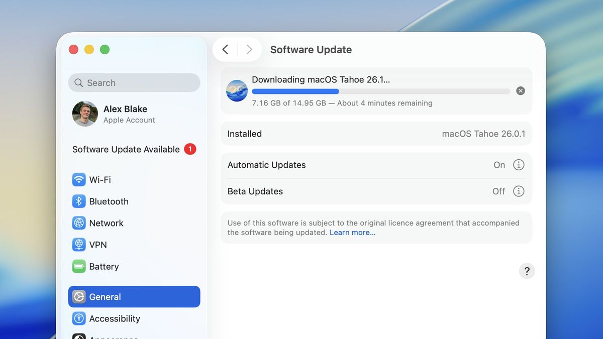 The macOS update process, with a Mac updating to macOS 26.1.
