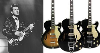 A black and white photo of Chris Isaak playing his Silvertone 1446 in 1987. On the right, a cutout of the recently reissued guitar in black and sunburst finishes, with the black version offered with a Bigsby B70 vibrato.