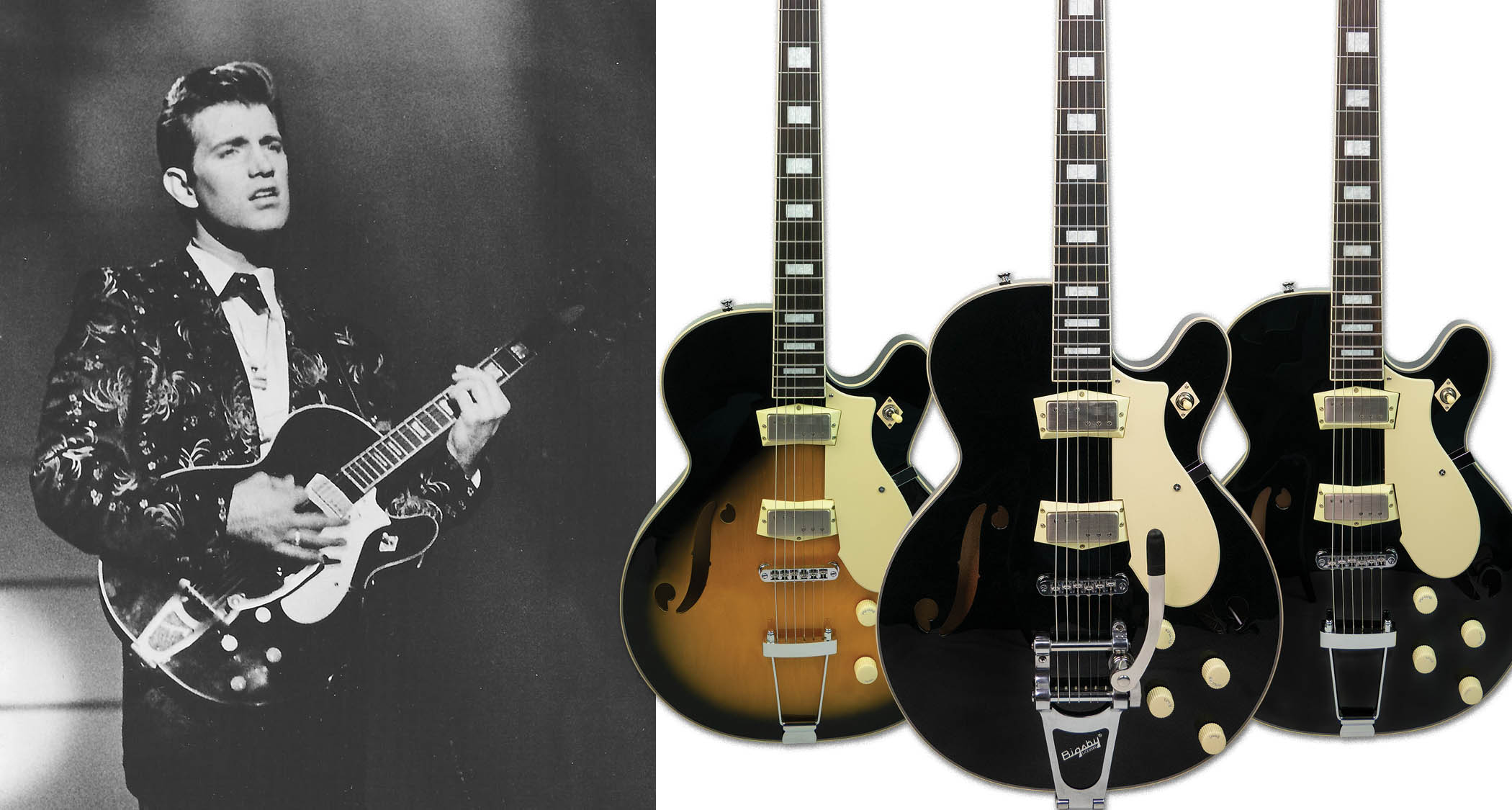A black and white photo of Chris Isaak playing his Silvertone 1446 in 1987. On the right, a cutout of the recently reissued guitar in black and sunburst finishes, with the black version offered with a Bigsby B70 vibrato.