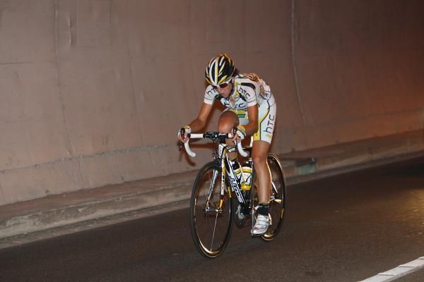 Evelyn Stevens (HTC - Columbia Women) on her own in a road tunnel.