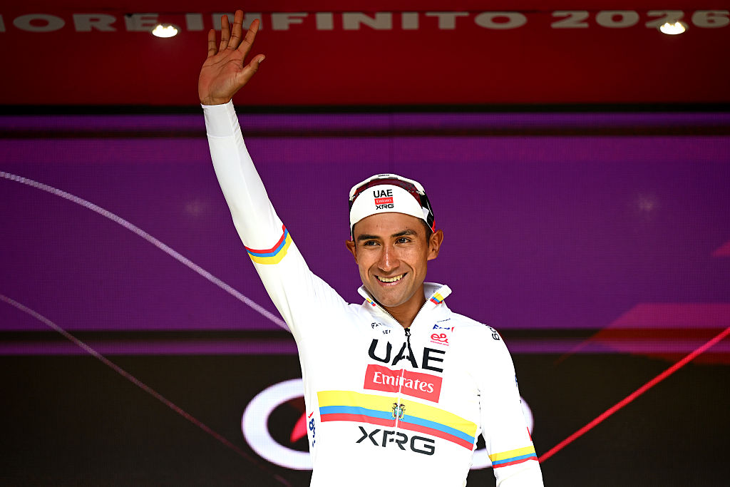 FERMO, ITALY - MAY 16: Jhonatan Narvaez of Ecuador and UAE Team Emirates - XRG celebrates at podium as stage winner during the 109th Giro d&amp;apos;Italia 2026, Stage 8 a 156km stage from Chieti to Fermo 315m / #UCIWT / on May 16, 2026 in Fermo, Italy. (Photo by Dario Belingheri/Getty Images)