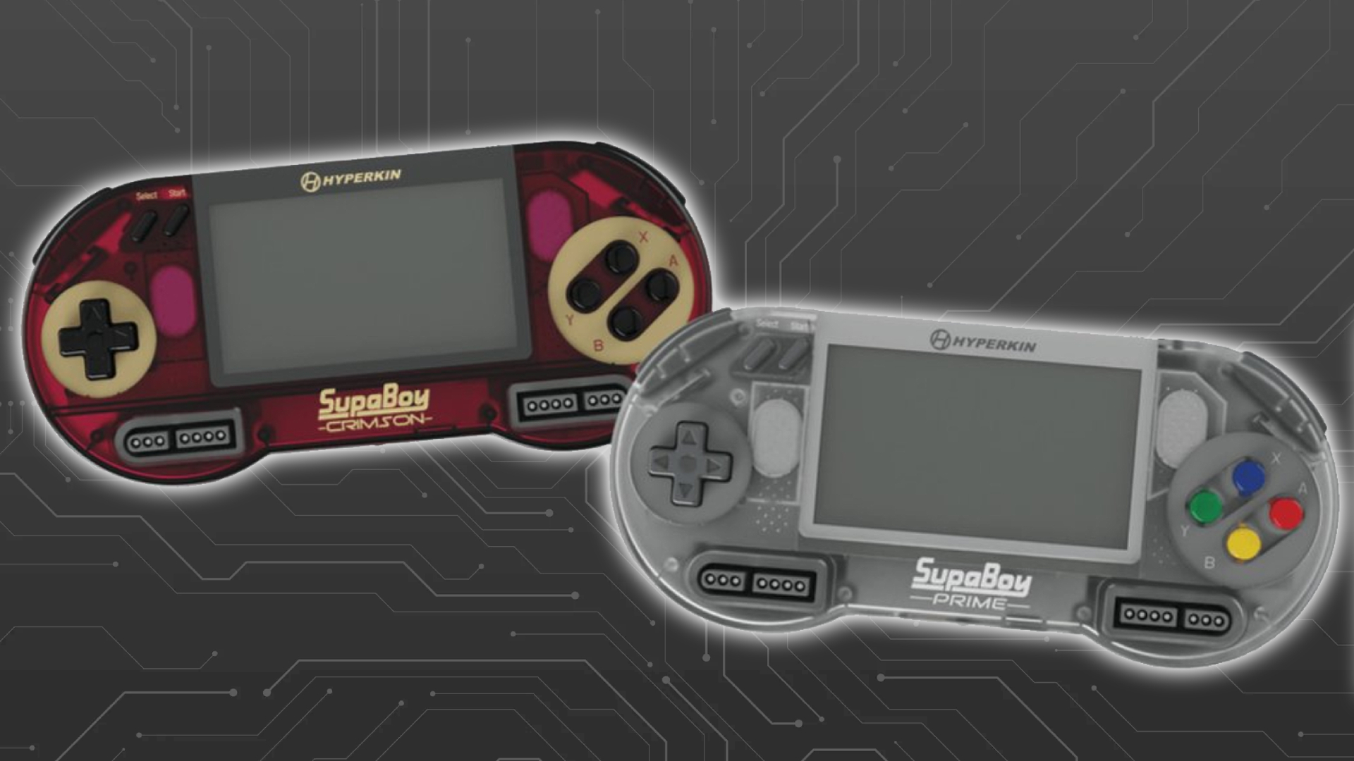 Hyperkin SupaBoy Crimson red and Prime Clear handhelds with grey circuit pattern backdrop and glowing outlines.