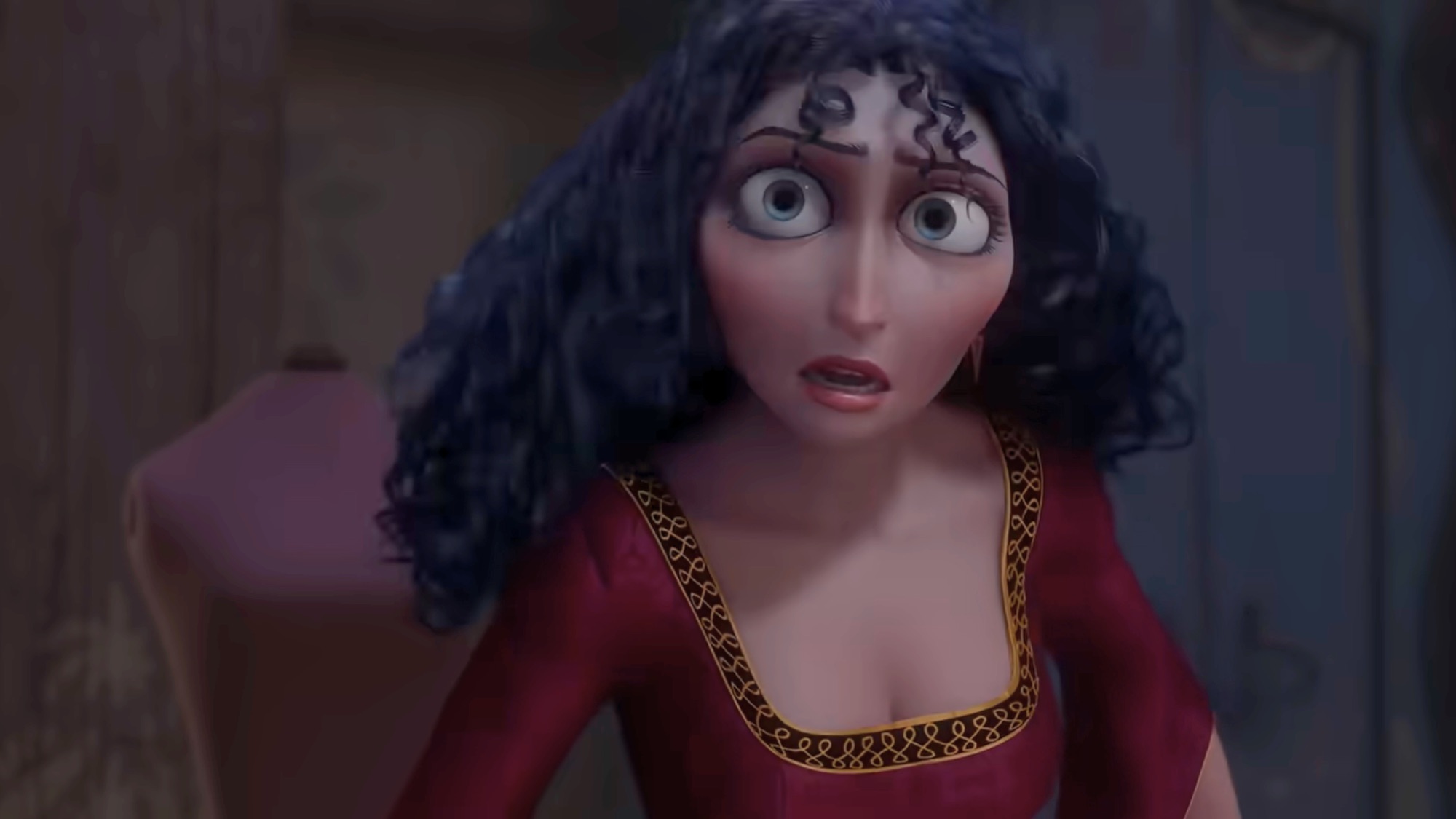 Mother Gothel looking shocked in Disney's animated Tangled. 