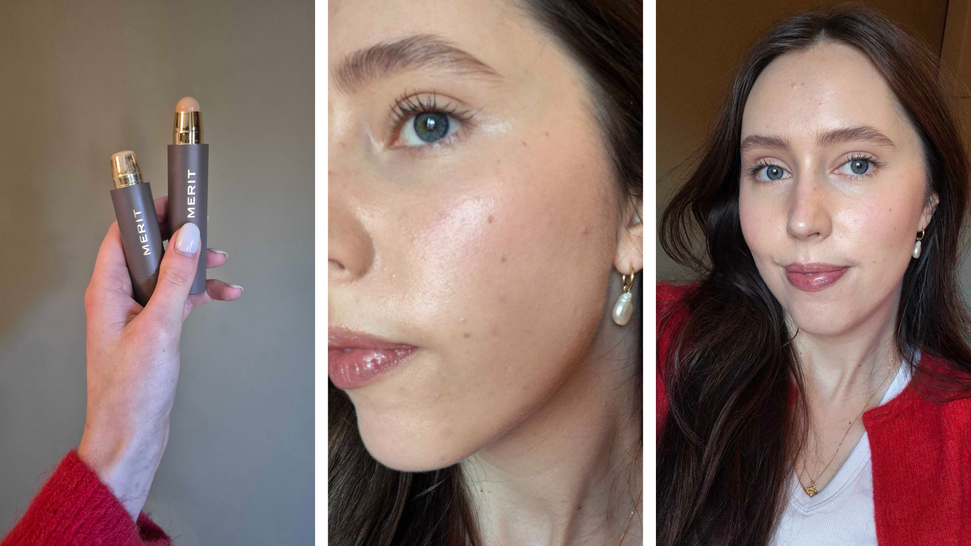 On the left is a close-up of Digital Beauty Writer, Naomi Jamieson's hand seen holding two of the Merit The Minimalist Perfecting Complexion Stick in shade Linen, in front of a green wall background. In the middle is a close-up of Naomi's face, to demonstrate the coverage and radiance given by Merit's complexion stick and on the right is a picture of Naomi's face from further away, to show how the stick looks under a complete face of makeup.