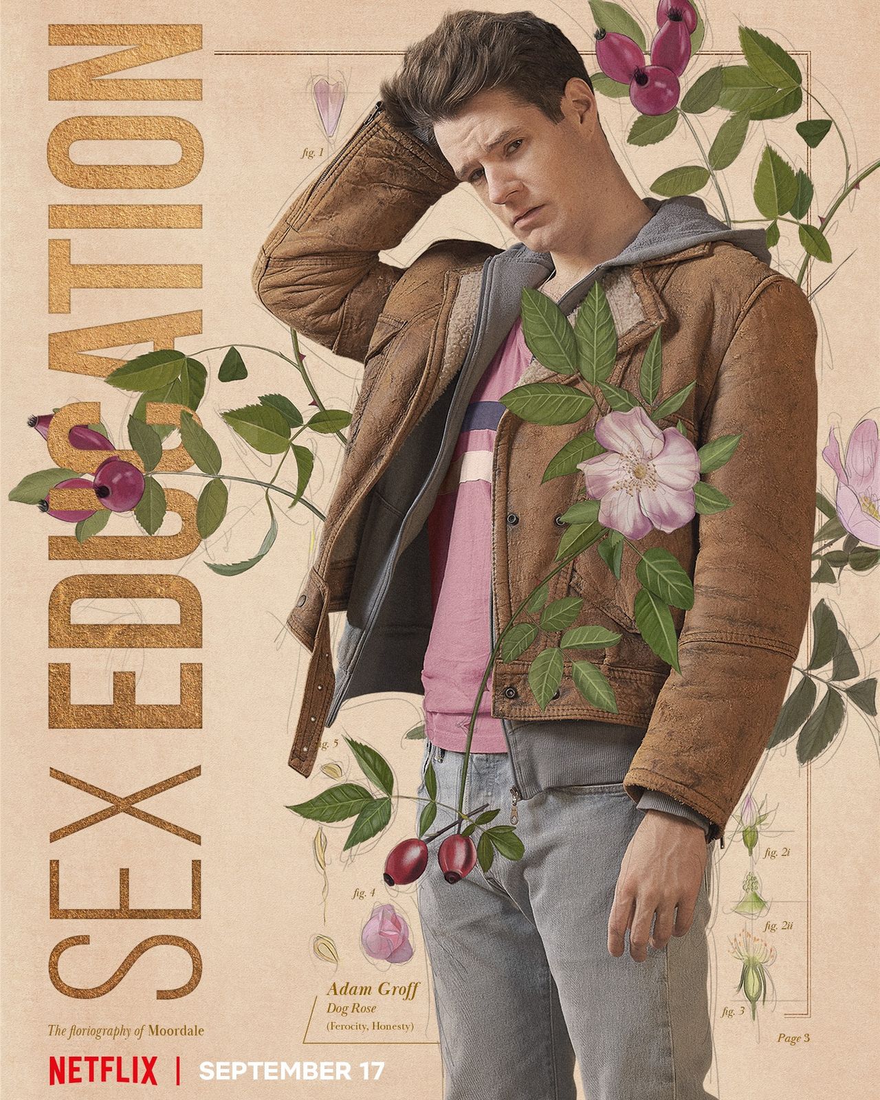 Conor Swindells as Adam Groff, partnered with an illustration of a Dog Rose