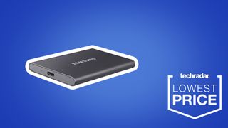 Samsung T7 SSD against blue background with TechRadar Lowest Price logo