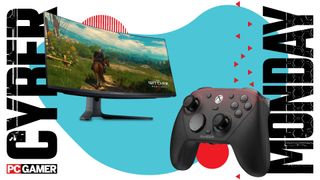Alienware OLED monitor and GameSir controller on an abstract Cyber Monday background