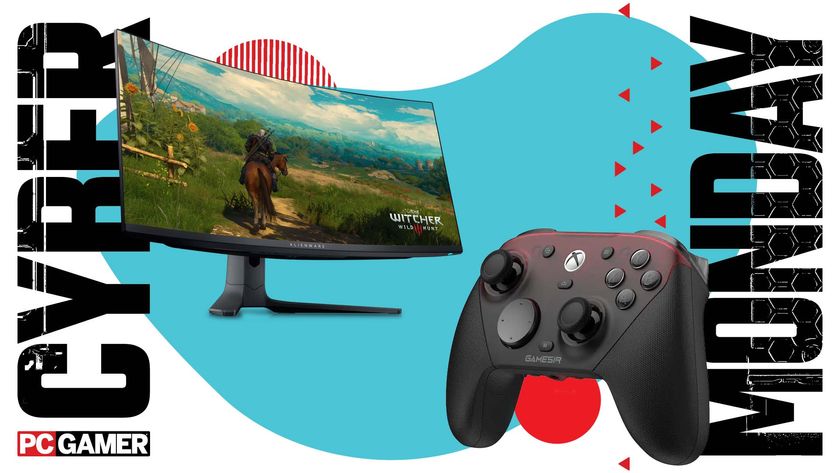 Alienware OLED monitor and GameSir controller on an abstract Cyber Monday background