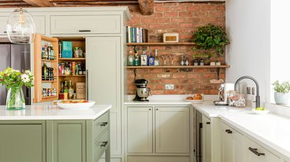 traditional kitchen ideas with pink base cabinets and unpainted wooden upper cabinet and shelves