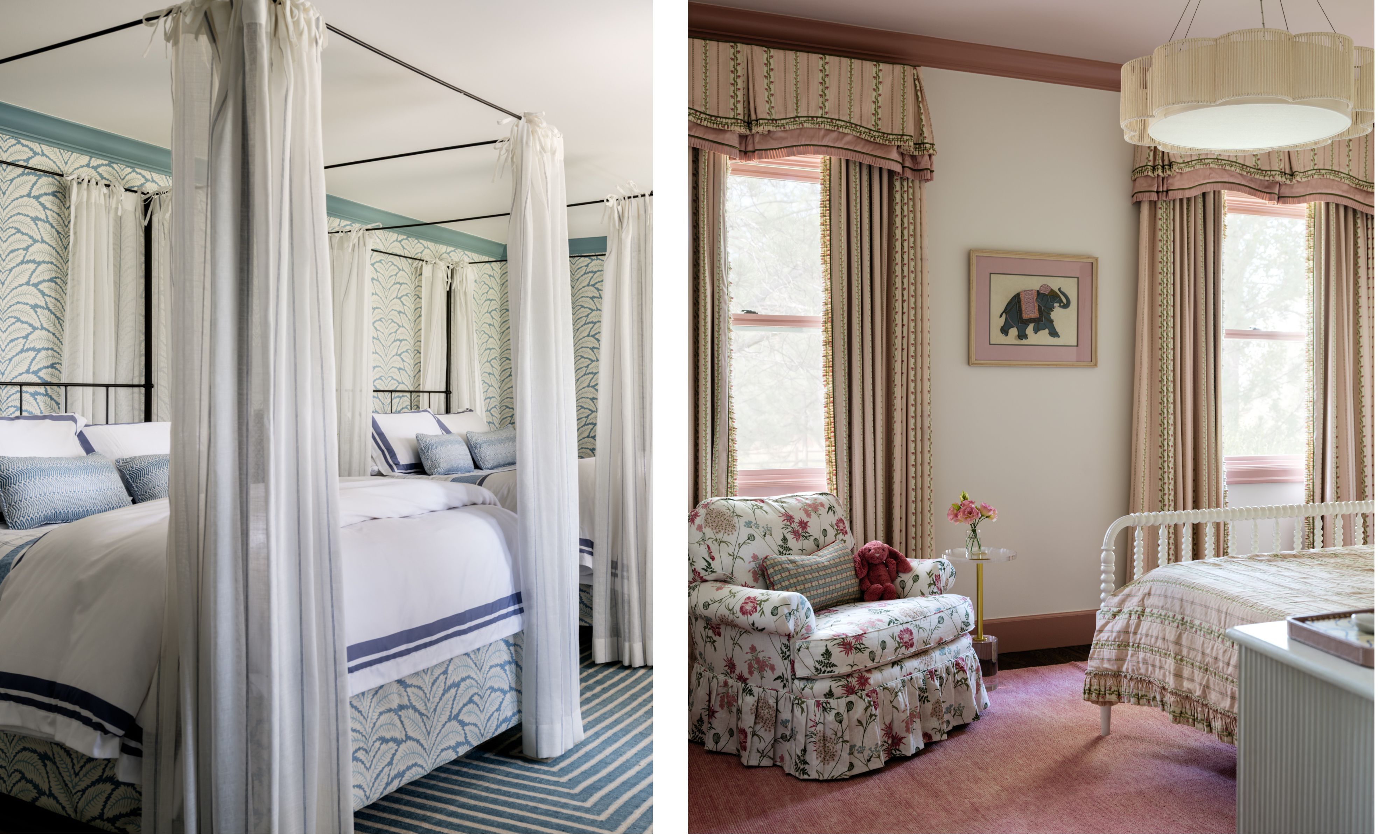 two side by side images of traditionally styled bedrooms