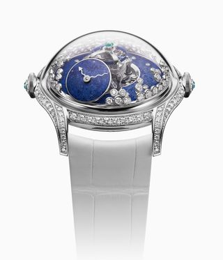 MB&F watch with blue face and snow-like diamonds