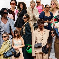 a collage of street style images with women carrying designer handbags from luxury resale sites