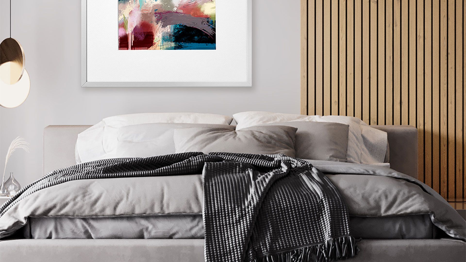 Relaxed Japandi bedroom with wood paneling feature wall and art work