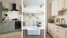 three neutral kitchen images with hob, sink and cabinets to show the one colour you'll never regret painting your kitchen for timeless appeal