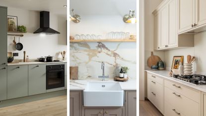 three neutral kitchen images with hob, sink and cabinets to show the one colour you&#039;ll never regret painting your kitchen for timeless appeal