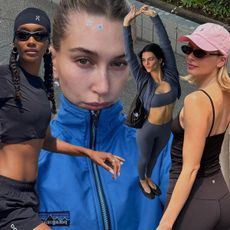 A collage of celebrities, influencers, and Who What Wear editors in athleticwear eclipsed by cutouts of beauty, wellness, and hygiene products.
