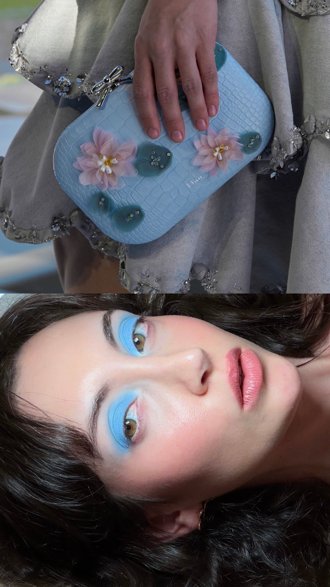 A split image of a runway shot from Dior's F/W 26-27 show and WWW associate beauty editor Alyssa Brascia wearing blue eye shadow and pink cheeks and lips.
