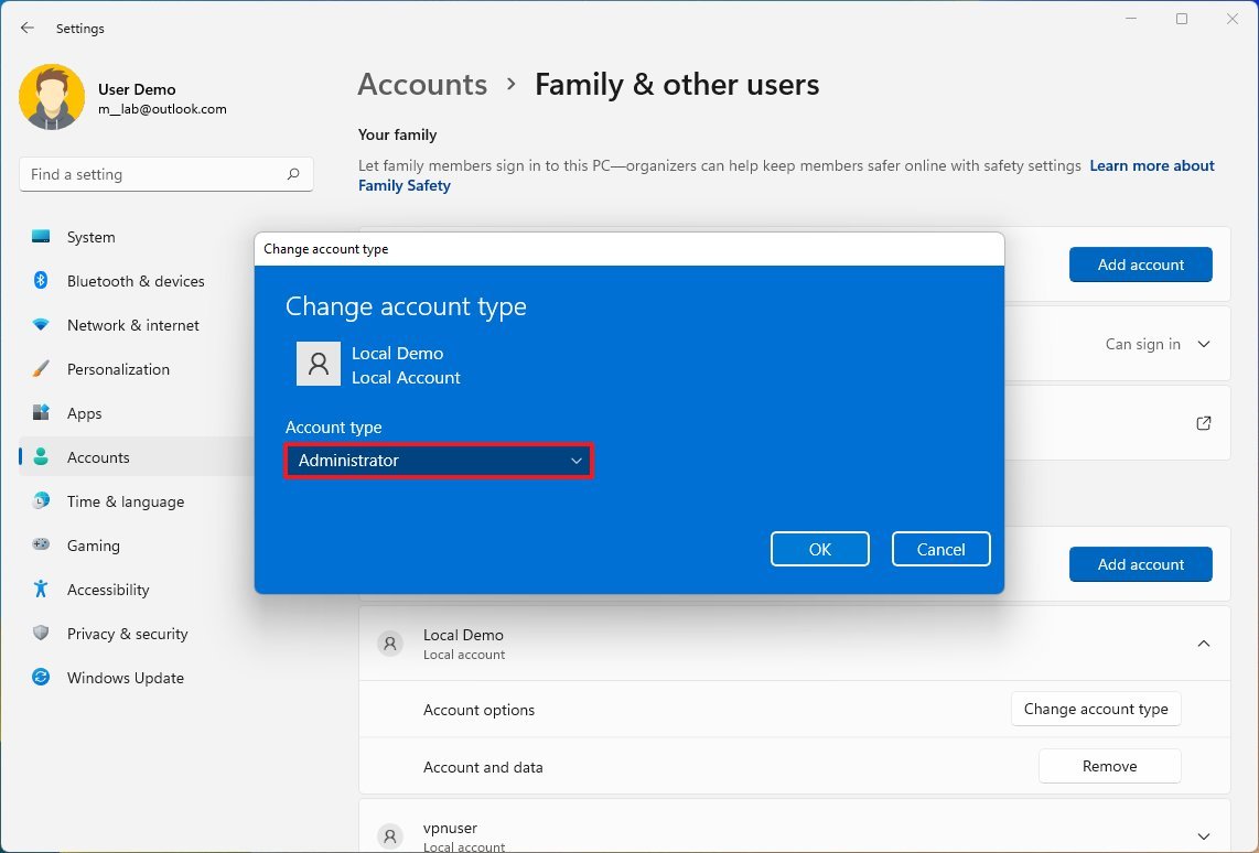 Select new account type