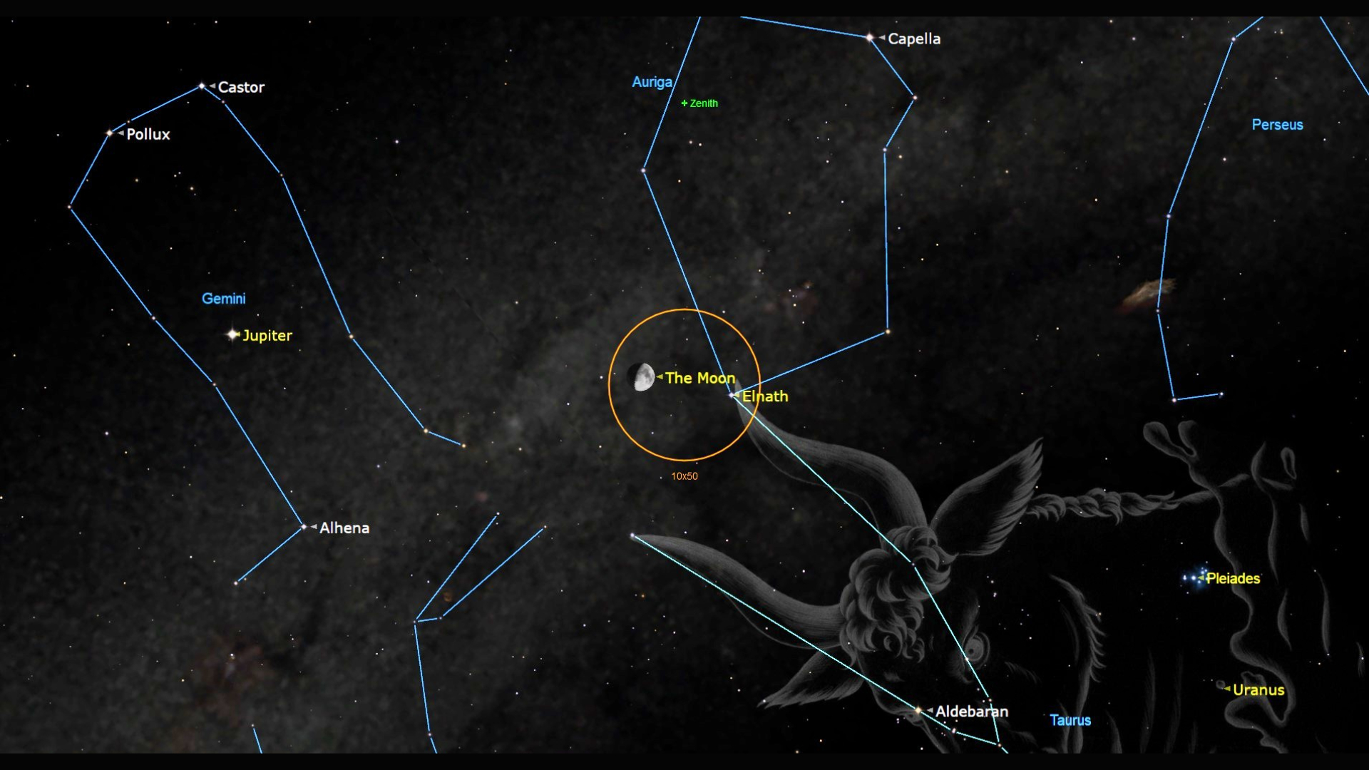 A constellation map of the night sky showing a cartoon bull for the Taurus constellation in the bottom right corner of the image. An orange circle in the middle of the image encloses the first quarter moon and a labeled dot for the star Elnath.