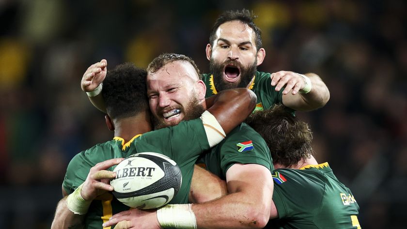 RG Snyman of South Africa celebrates after scoring a try during The Rugby Championship match between New Zealand All Blacks and South Africa Springboks at Sky Stadium on September 13, 2025 in Wellington, New Zealand.