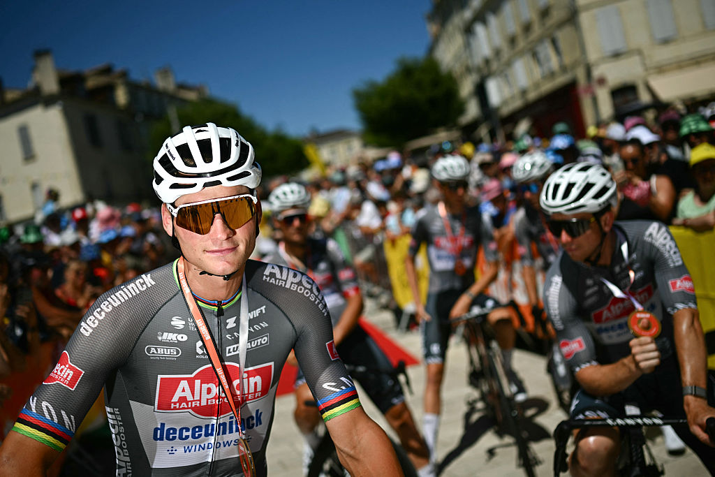 Alpecin - Deceuninck team's Dutch rider Mathieu van der Poel awaits the start of the 12th stage of the 112th edition of the Tour de France cycling race, 180.6 km between Auch and Hautacam, in the Pyrenees mountains of southwestern France, on July 17, 2025. (Photo by Loic VENANCE / AFP)