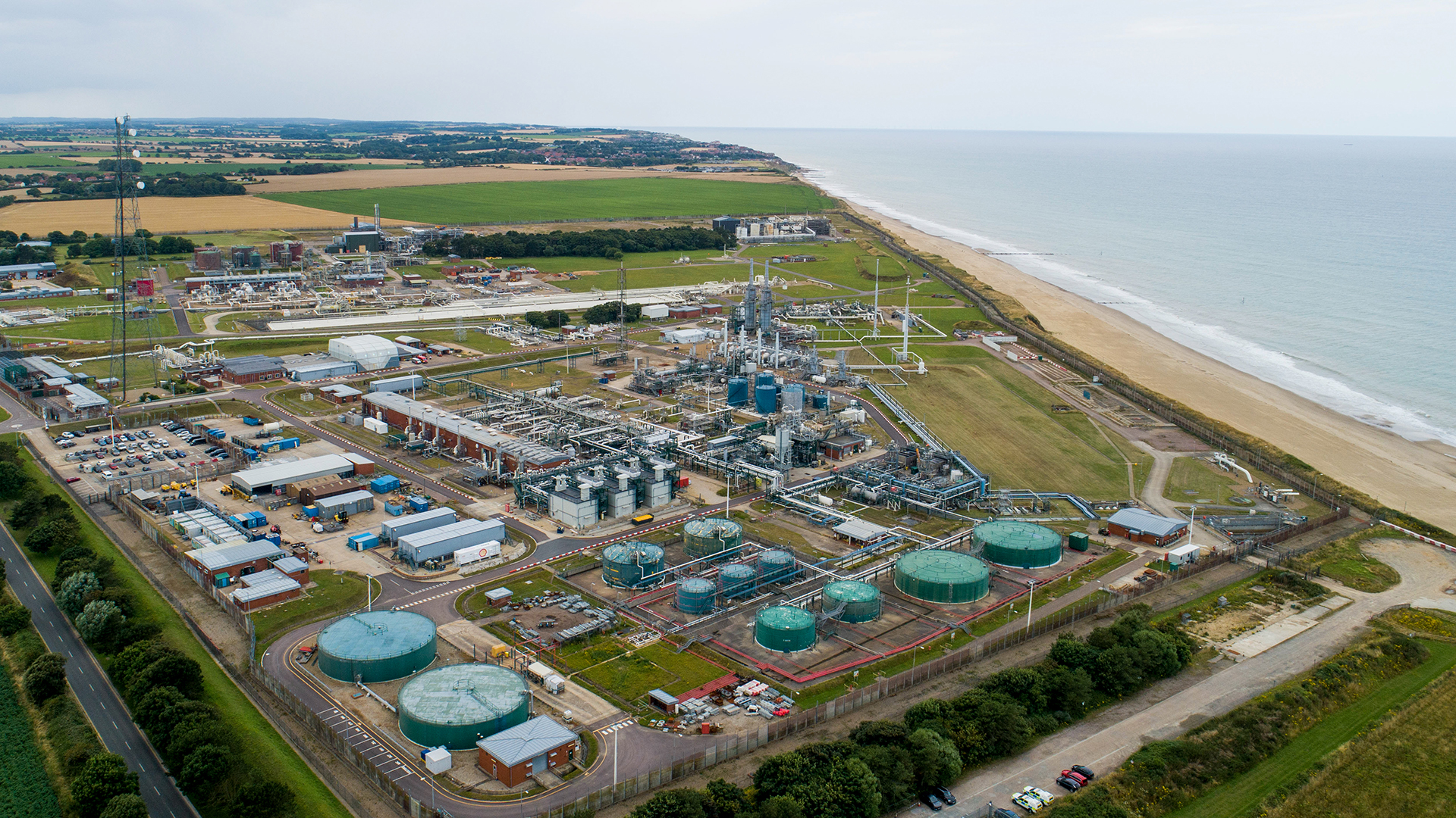 An aerial shot of Bacton Gas Terminal, on the Norfolk coast, which is operated by National Gas.