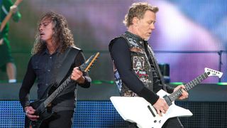 James Hetfield and Kirk Hammett playing live on stage with Metallica