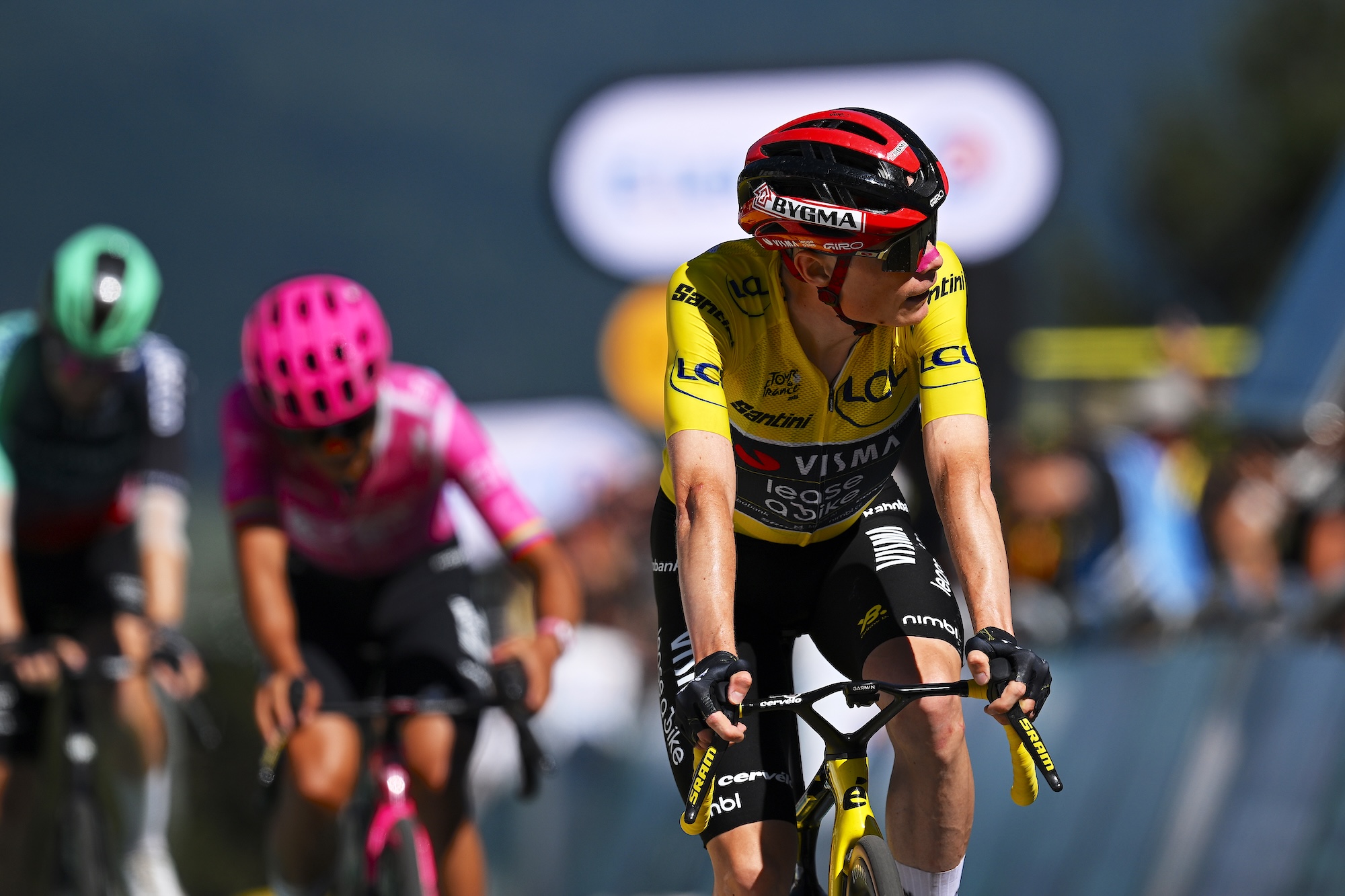 LES ANGLES, FRANCE - JULY 06: Jonas Vingegaard of Denmark and Team Visma | Lease a Bike - Yellow Leader Jersey crosses the finish line on second place during 113th Tour de France 2026, Stage 3 a 195.9km stage from Granollers to Les Angles 1801m / #UCIWT / on July 06, 2026 in Les Angles, France. (Photo by Dario Belingheri/Getty Images)