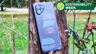 The Fairphone 5 with a sustainability logo