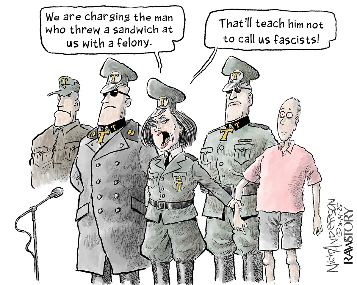 This cartoon depicts Jeanne Pirro and three large men dressed as fascists arresting a normal-looking man who looks frightened. Pirro says, “We are charging the man who threw a sandwich at us with a felony. That will teach him not to call us fascists!”