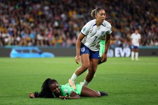 Lauren James of England stamps on Michelle Alozie of Nigeria which later leads to a red card being shown following a Video Assistant Referee review during the FIFA Women's World Cup Australia & New Zealand 2023 Round of 16 match between England and Nigeria at Brisbane Stadium on August 07, 2023 in Brisbane / Meaanjin, Australia. (Photo by Elsa - FIFA/FIFA via Getty Images)