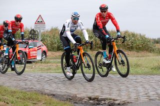 Sonny Colbrelli rides the cobbles with Bahrain Victorious teammate Marcel Sieberg ahead of Paris-Roubaix