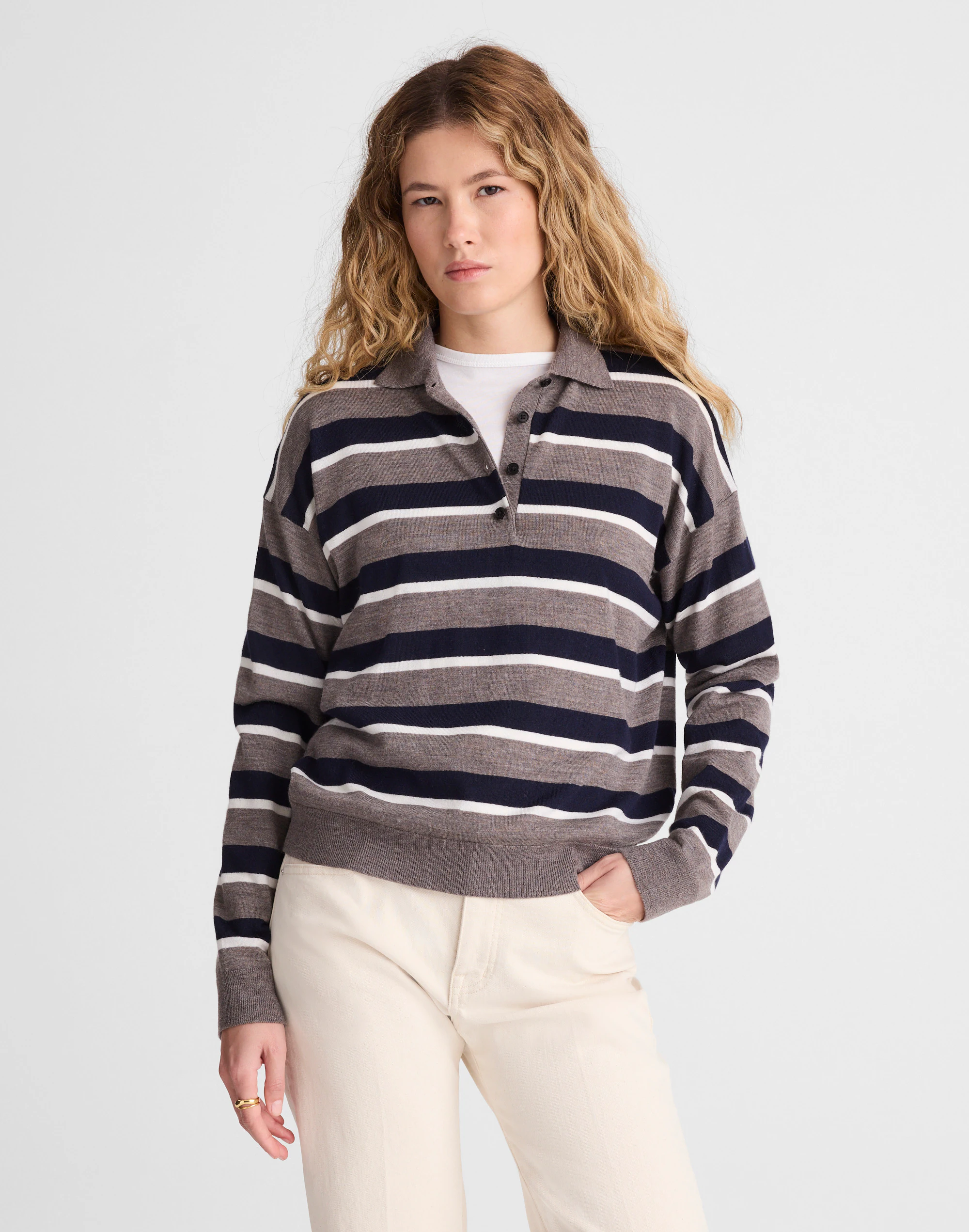 Drop-Shoulder Polo Sweater in Merino Wool