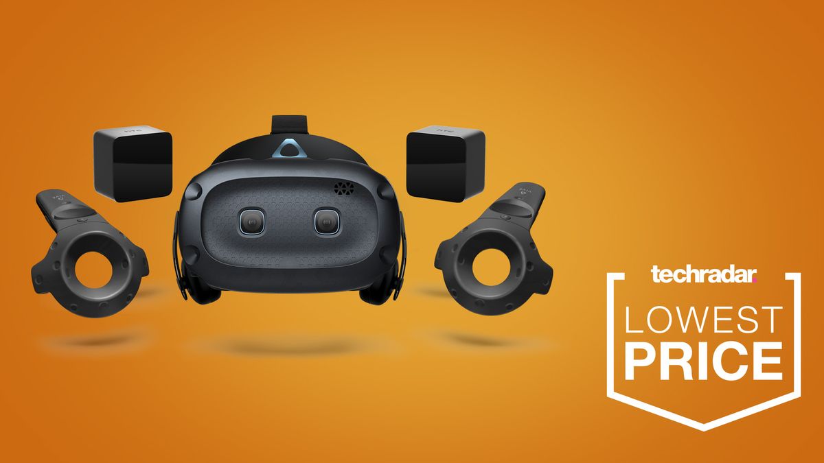 HTC Vive Cosmos Elite VR headet on orange background with techradar lowest price badge