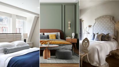 three images of bedrooms, beds, windows and headboards, to illustrate how to make a bedroom look expensive on a budget