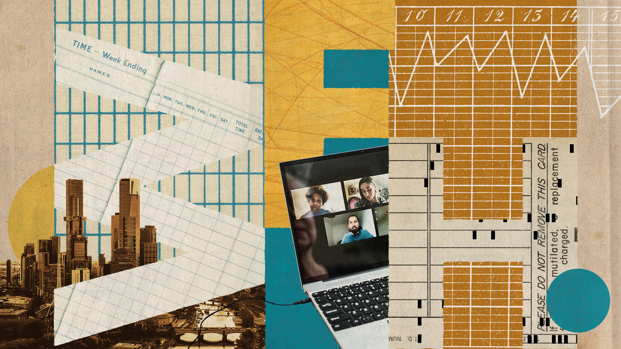 Photo collage of a laptop with a video call meeting on it, the skyline of Melbourne, and the letters WFH