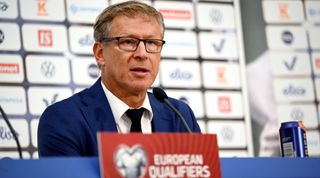 Markku Kanerva, Head Coach of Finland, speaks to the media in the post match press conference after the UEFA EURO 2024 European qualifier match between Finland and Denmark at Helsinki Olympic Stadium on September 10, 2023 in Helsinki, Finland.