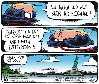Political Cartoon U.S. Trump fights to reopen economy except NYC stay closed wear mask