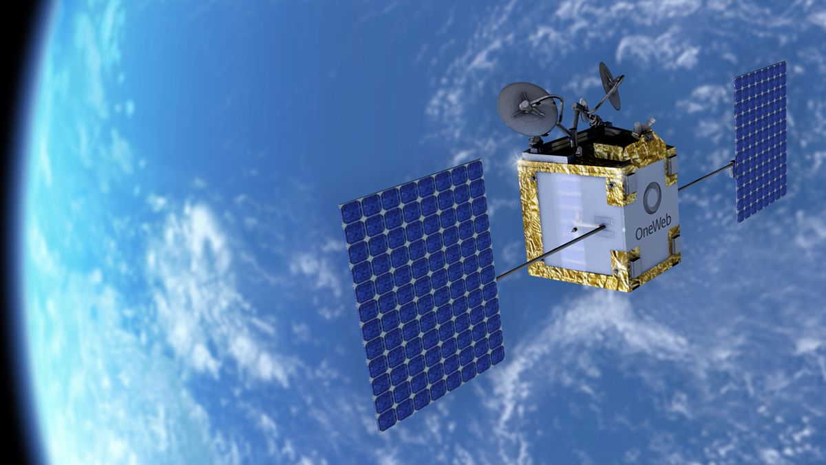 An artist&#039;s illustration of a OneWeb internet satellite in orbit.