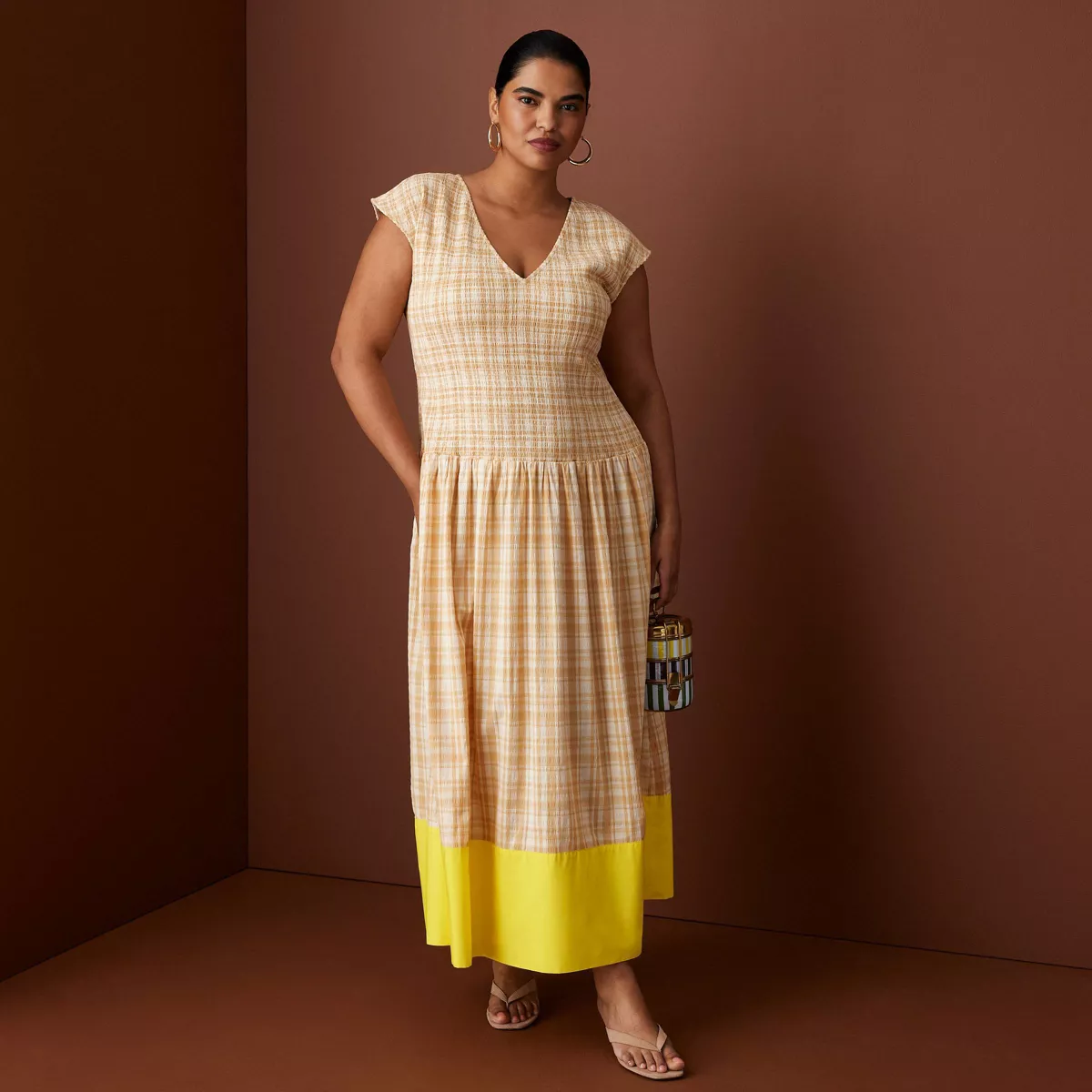 Women's Short Sleeve Smocked Gingham Drop Waist Maxi Dress - Rosie Assoulin X Target Khaki Xs