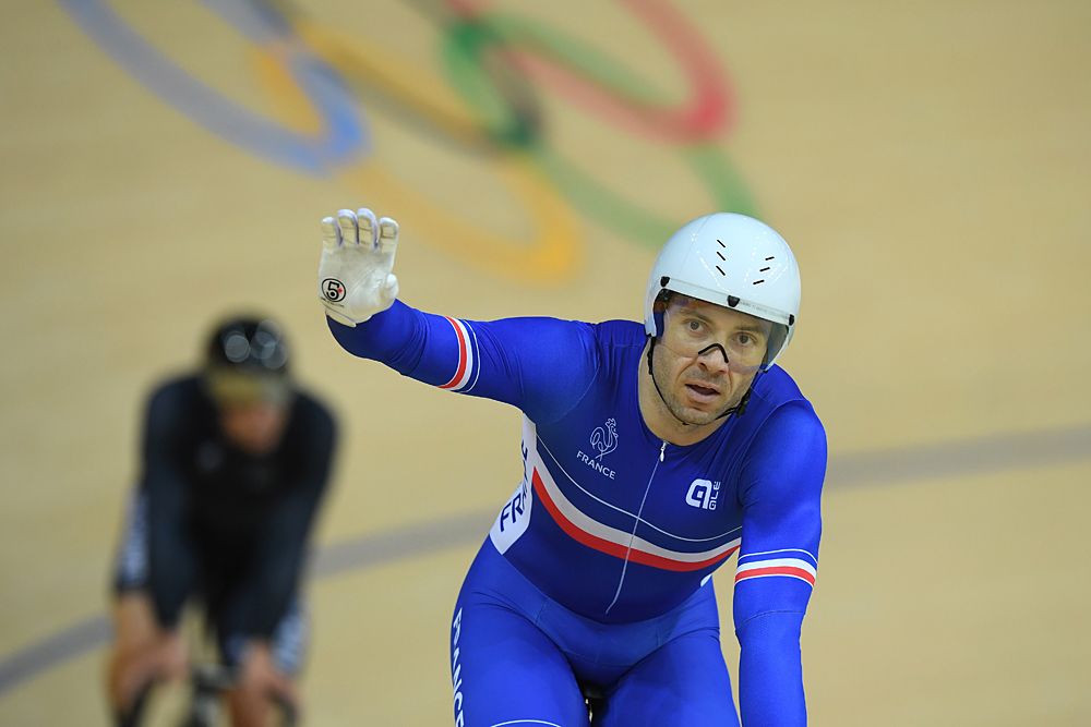 Francois Pervis of France wins heat 3 in the Men's Keirin First Round Repechages on Day 11 of the Rio 2016 Olympic Games