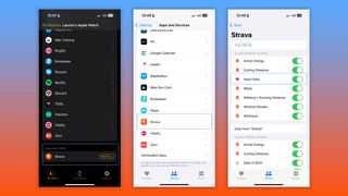 Three screenshots from an iPhone to set up Strava