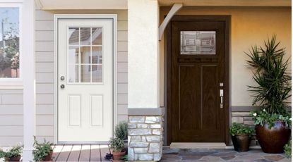 White steel door vs. wooden effect fiberglass doors